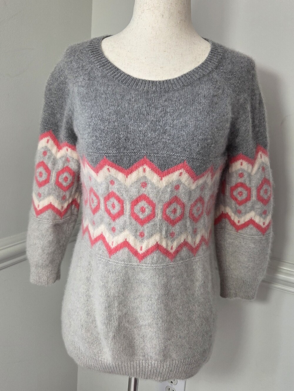 Banana Republic 100% Cashmere Fair Isle Sweater S Nordic Après Ski Gray Pink